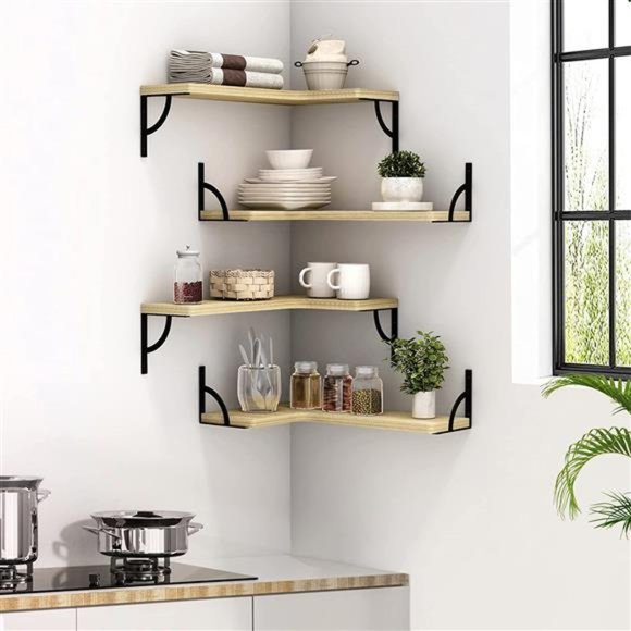 Canupdog Corner Floating Shelves Wall Mounted Set of 4, Wood Display Storage